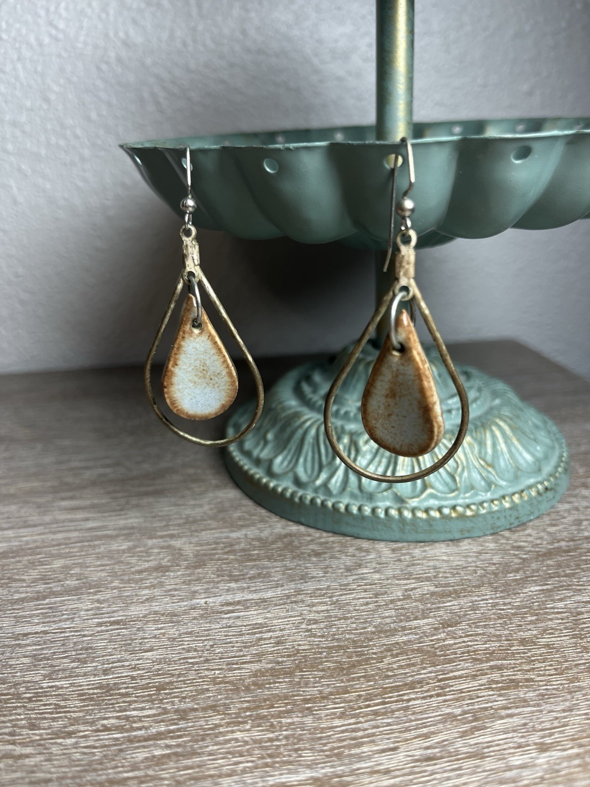 Rustic Double Teardrop Dangle Earrings Ceramic Sp… - image 2