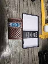 Ariat Western Mens Tri-Fold Wallet Leather Embroidered Inlay Brown