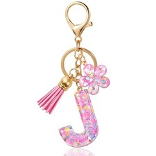 Flower Resin Initial Keychain   Personalized Alphabet Keyring for Women, Pink J