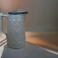 Antique Victorian Salt Glaze Stoneware Pitcher Jug with Pewter Lid 19th Century