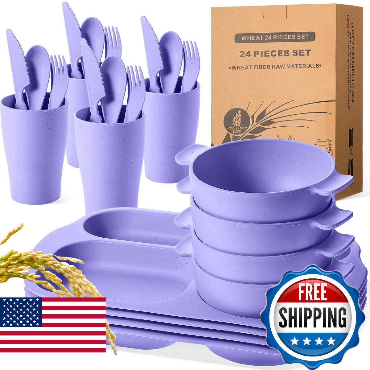 24 Pcs Wheat Straw Dinnerware Cutlery Set for Adult Including Divided Plates Mic