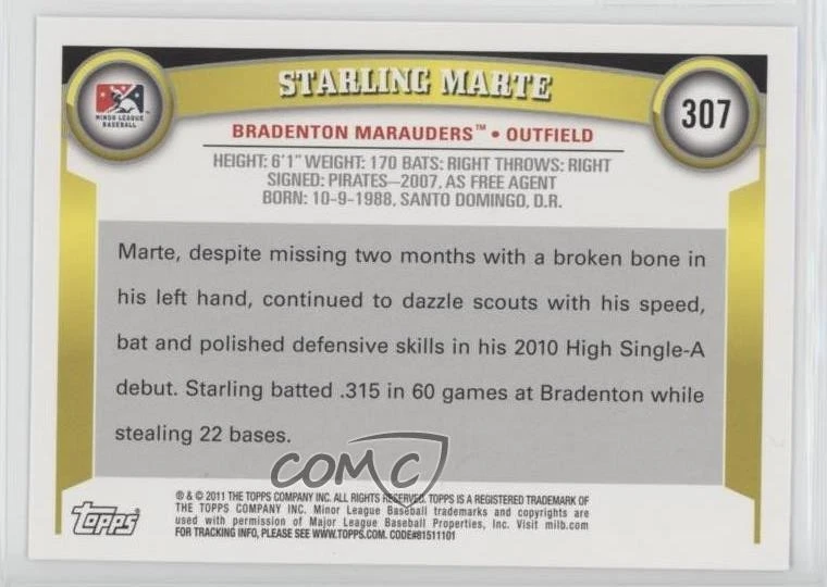 2011 Topps Pro Debut Starling Marte #307 - Image 2 of 2