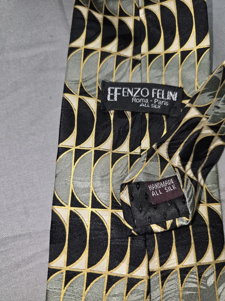 Corbata Enzo Felini Para Hombre Seda Negra Gris Dorado Geométrica Hecha a Mano Patrón Roma París Foto 4 de 4