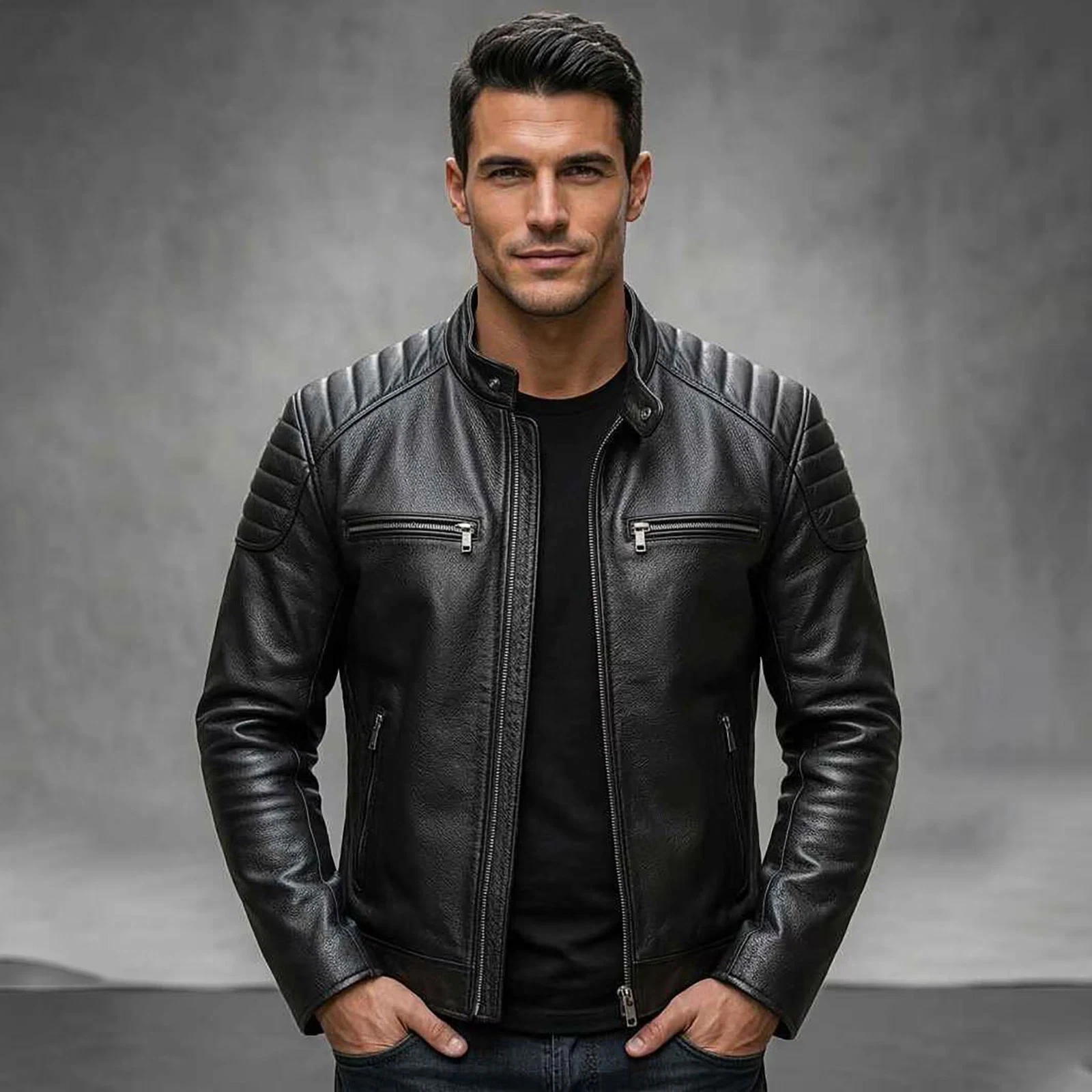 Men's Black Biker Leather Jacket Real Leather Slim Fit Motorcycle Quilted Coat