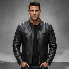 Men's Black Biker Leather Jacket Real Leather Slim Fit Motorcycle Quilted Coat