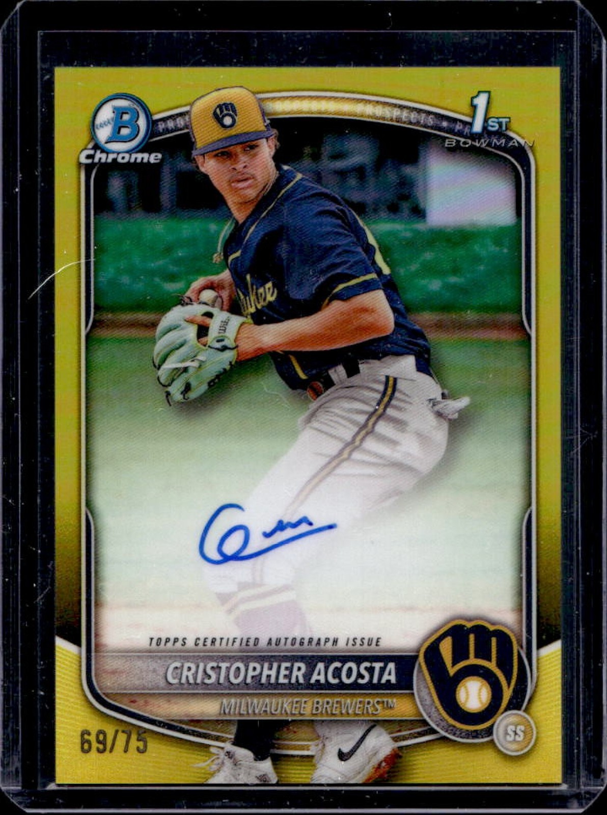 2025 Bowman Chrome Cristopher Acosta Auto Yellow Refractor 1st #/75 Brewers
