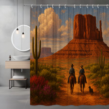Rustic Western Shower Curtain - Desert Landscape with Cowboys