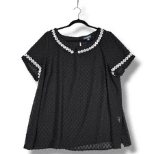 Modcloth Sheer Black Dainty  Blouse Swiss Dot Retro Look White Daisy Trim sz 2X
