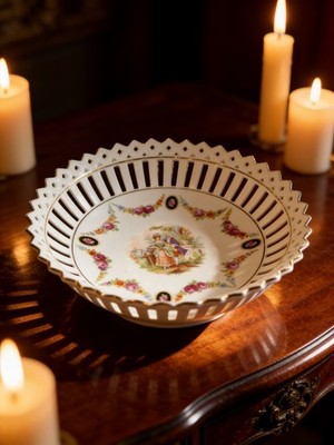 Vtg Porcelain Reticulated Bowl Courting Couple Floral Gold Trim 4 7/8'' Germany