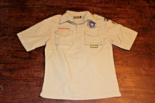 Boy Scouts of America BSA Youth Shirt Tan Large Sewn Patches Short Sleeve