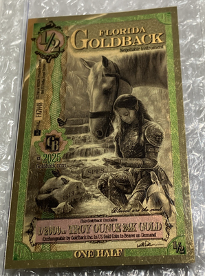 #ad 2025 Florida Goldback One Half Negotiable Instrument 1 2000 Troy Ounce 24K Gold $8.00
