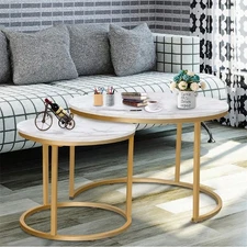 Coffee Table Nesting White Set Of 2 Side Set Golden Frame Circular -Zenga