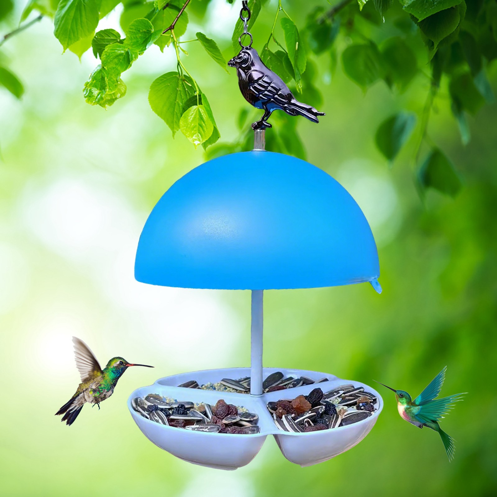 Mushroom Hanging Bird Feeder, Outdoor Weatherproof Platform with Dome Bluebirds 