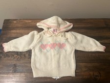 Vtg Izod Girls Sm/6 Month Pink Argyle Heart Full Back Zip Hooded Sweater 1980s