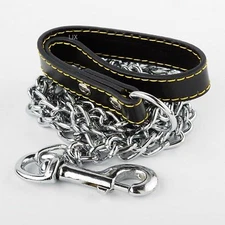 DOG LEASH CHAIN LINK-72" W/LEATHER HANDLE 5.0 MM 