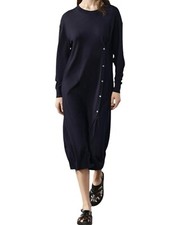 Zara NWT Navy Blue Oversized Wool Blend MIDI Knit Dress Side Buttons Medium