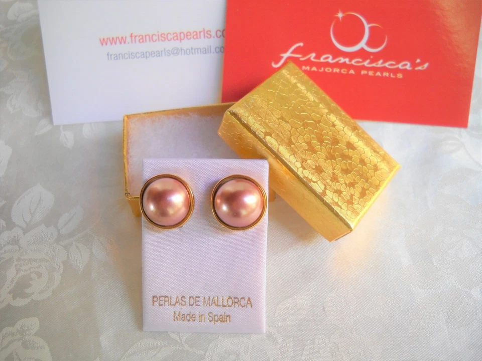 MABE MAJORCA/MALLORCA PEARL EARRINGS 14MM D. PINK PEARLS OMEGA CLIP GOLD FILLED - Image 2 of 4