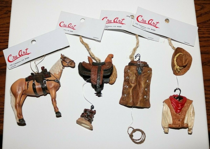 Set of 4 Country Western Cowboy Horse Chaps Lasso Saddle Christmas Ornaments NEW