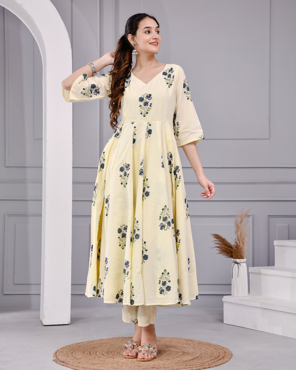 Women Hand Block Print Cotton Anarkali Set Handmade Cotton 60x60 Sanganeri  Print | eBay