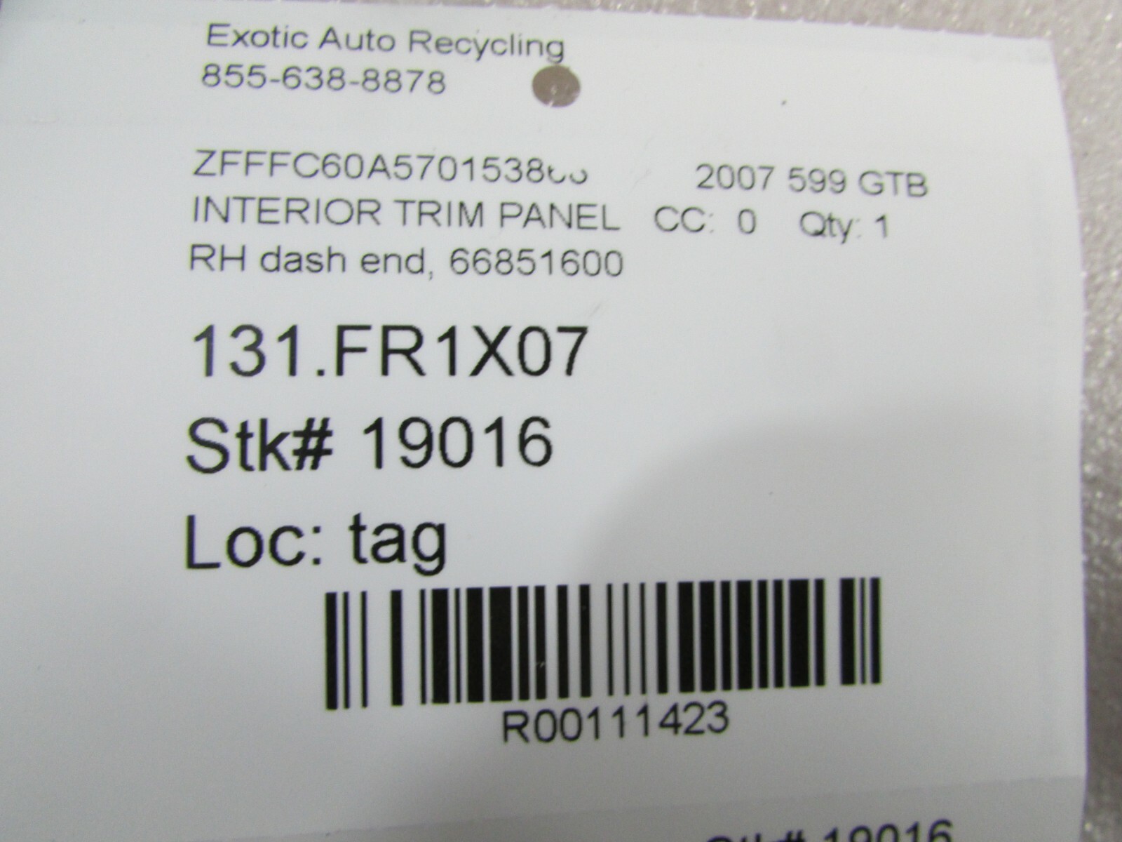 Ferrari 599 GTB, RH, Right Dash End, Tan, Used, P/N 66851600