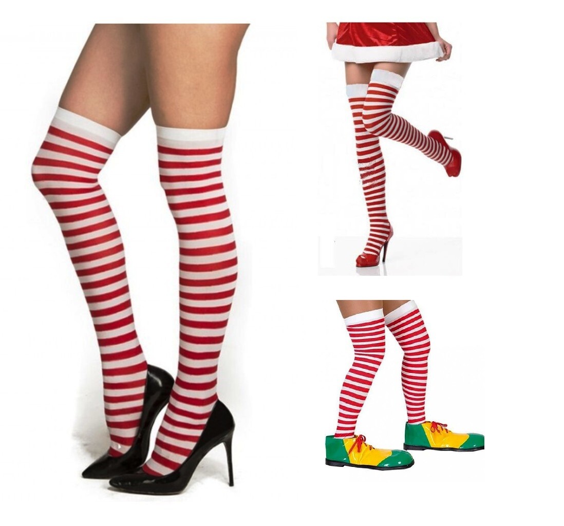 CARNEVALE HALLOWEEN CALZE PARIGINE RIGHE BIANCHE E ROSSE STOCKINGS ELFO