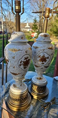 Paul Hanson MCM 42'' Porcelain Brass Applied Scroll Acanthus Urn Table Lamp PAIR