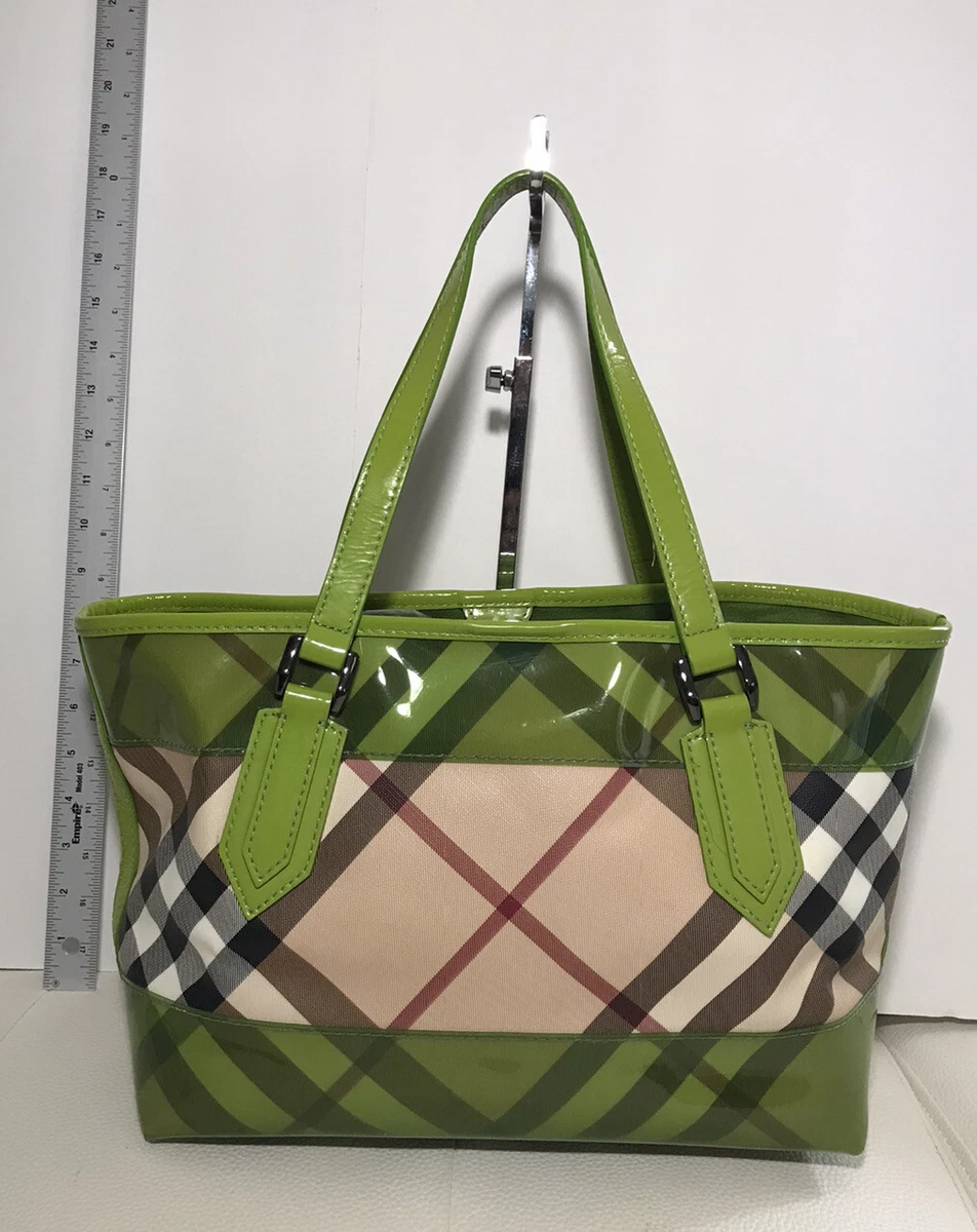Burberry PVC Vinyl Shoulder Tote Satchel Handbag Purse Green Beige Plaid