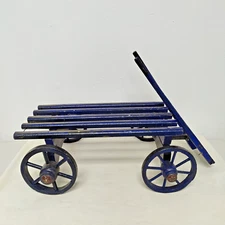 Antique Primitive Wooden Toy Wagon Cart Horse Drawn Original Blue Paint Folk Art