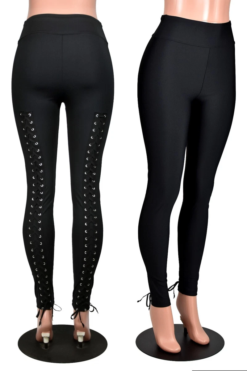 Black Back Lace-Up Leggings athletic poly spandex plus size corset pants  gothic