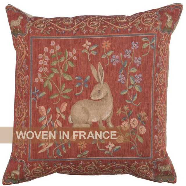 Decorative Woven French Tapestry French Rabbit Pillow Cover featuring a