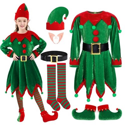 Girls Christmas Elf Costume Set Dress with Elf Hat Shoes Ears Belt SocksNWT 5/7x