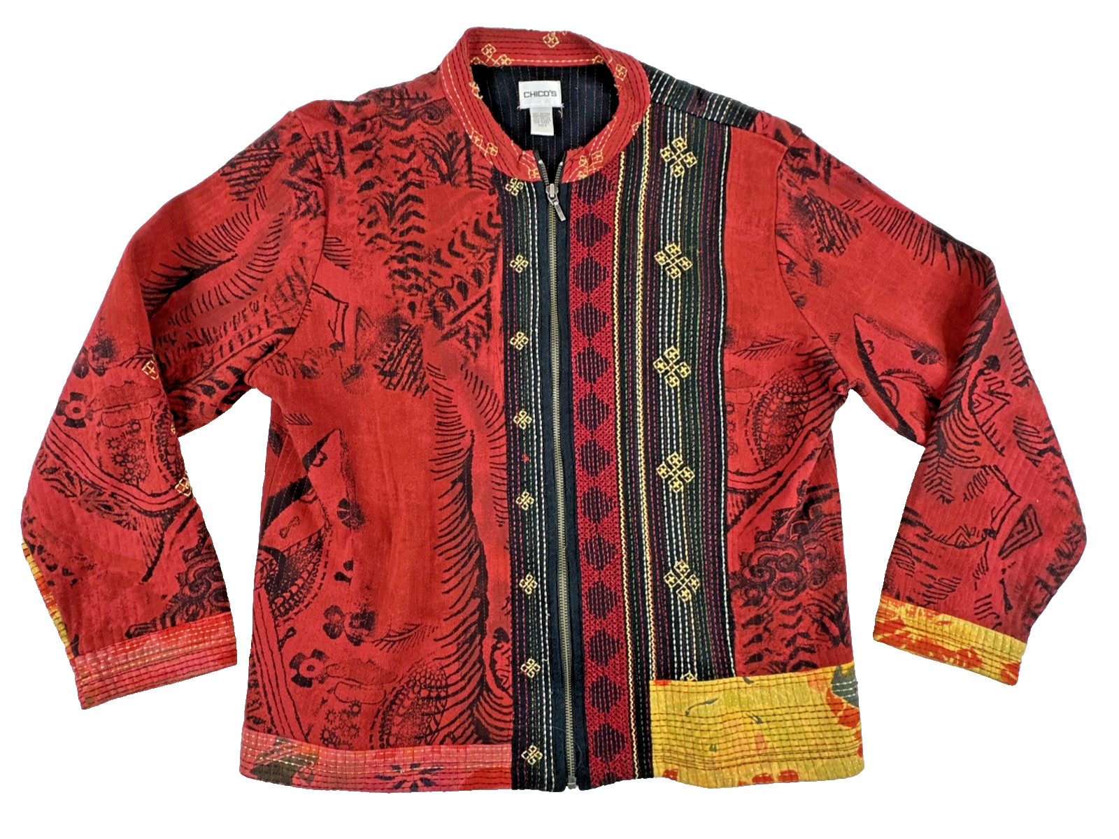 Chico's Embroidered  Patchwork Tribal Aztec Full Zip Jacket Women's Size 3 US XL