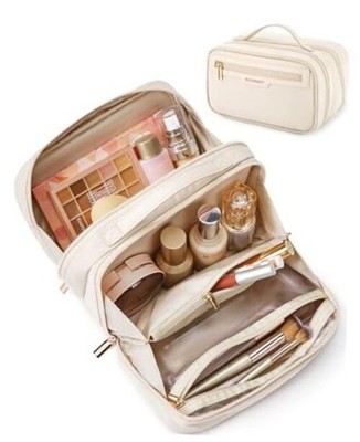 Travel Makeup Bag, Make Up Bag with Multiple Compartments for Organizer, Beige