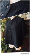 XL Upcycled Vintage Black Lace Fold Over Collar Crop Button Up Short Sleeve Top