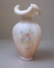 Fenton Pink Satin Glass Vase Hand Painted Flower Signed D. Cutshaw Ruffled 7.5”