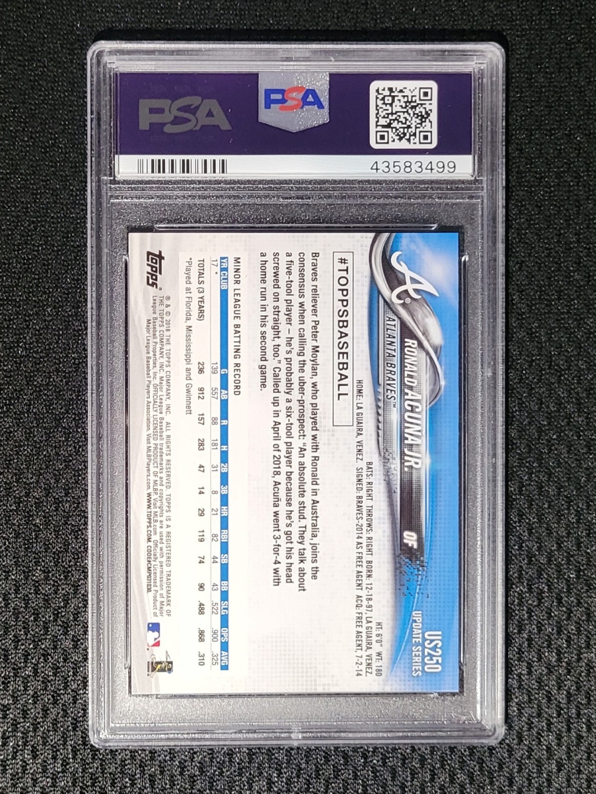 2018 Topps Update Red and Blue Shirt PSA 10 Ronald Acuna Jr Rookie RC US250 SP view 2