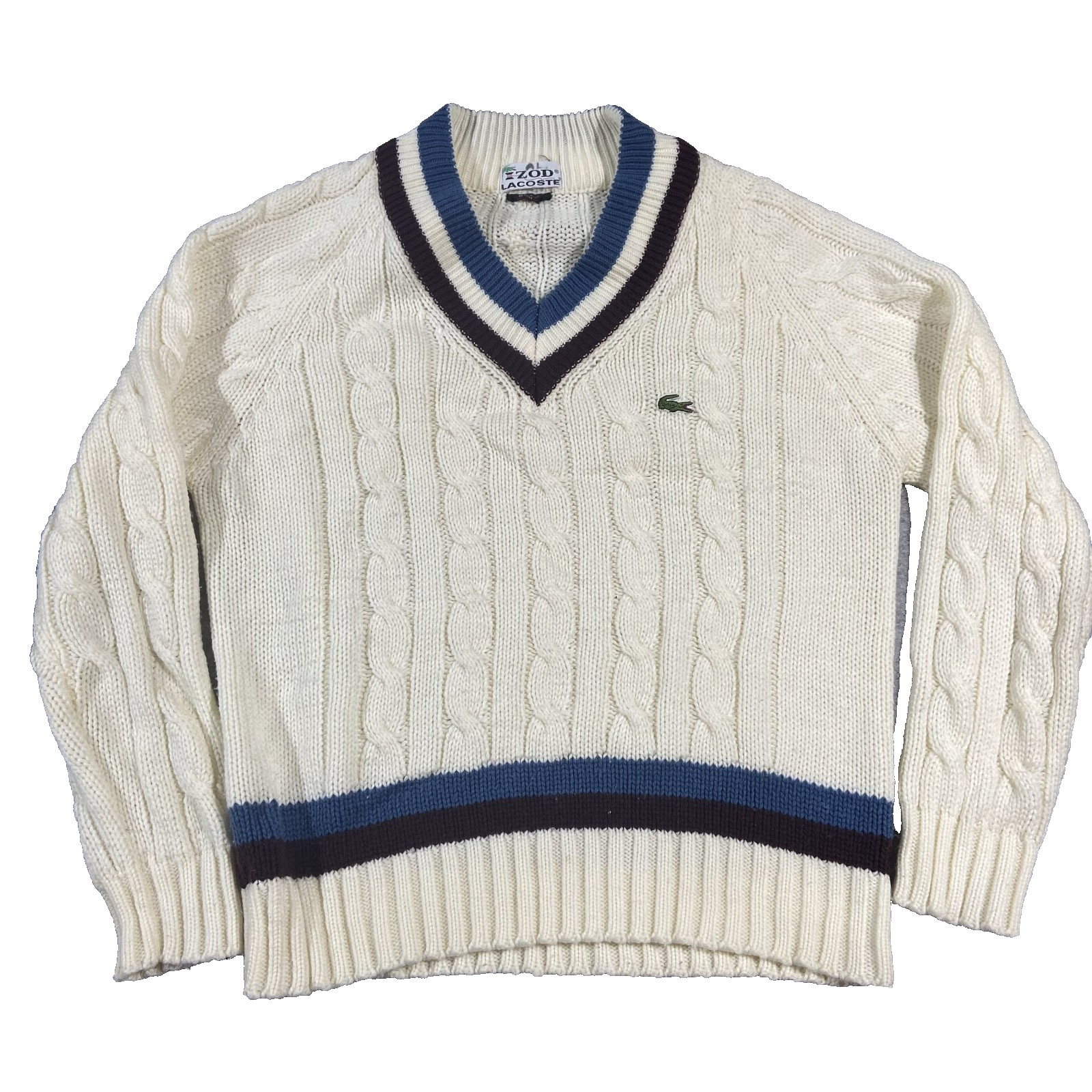 Vintage 80s Izod Lacoste Tennis Sweater Chunky Cable Knit V-Neck Golf Cricket L