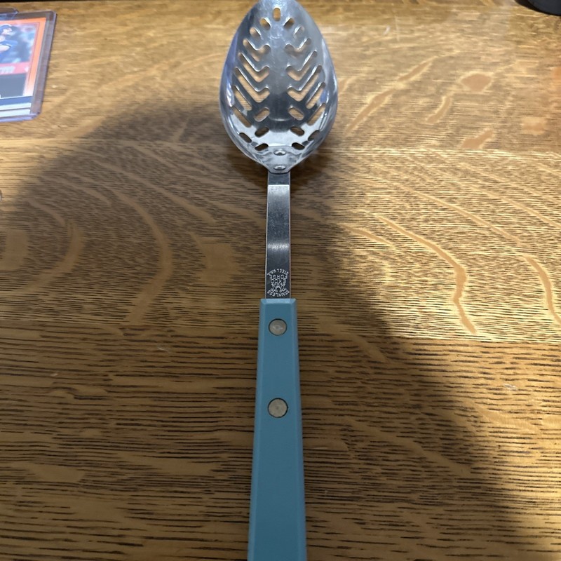 Vintage Stainless Steel Slotted Spoon Serving Cooking USA 13" Turquoise Color