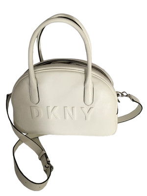 DKNY Tilly Dome Satchel White Leather Crossbody Embossed Signature Logo - BX72