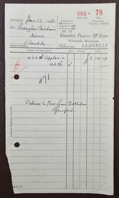 1932 Stanley Pearce & Sons Wholesale Merchants Vaughan St. Llanelly Invoice