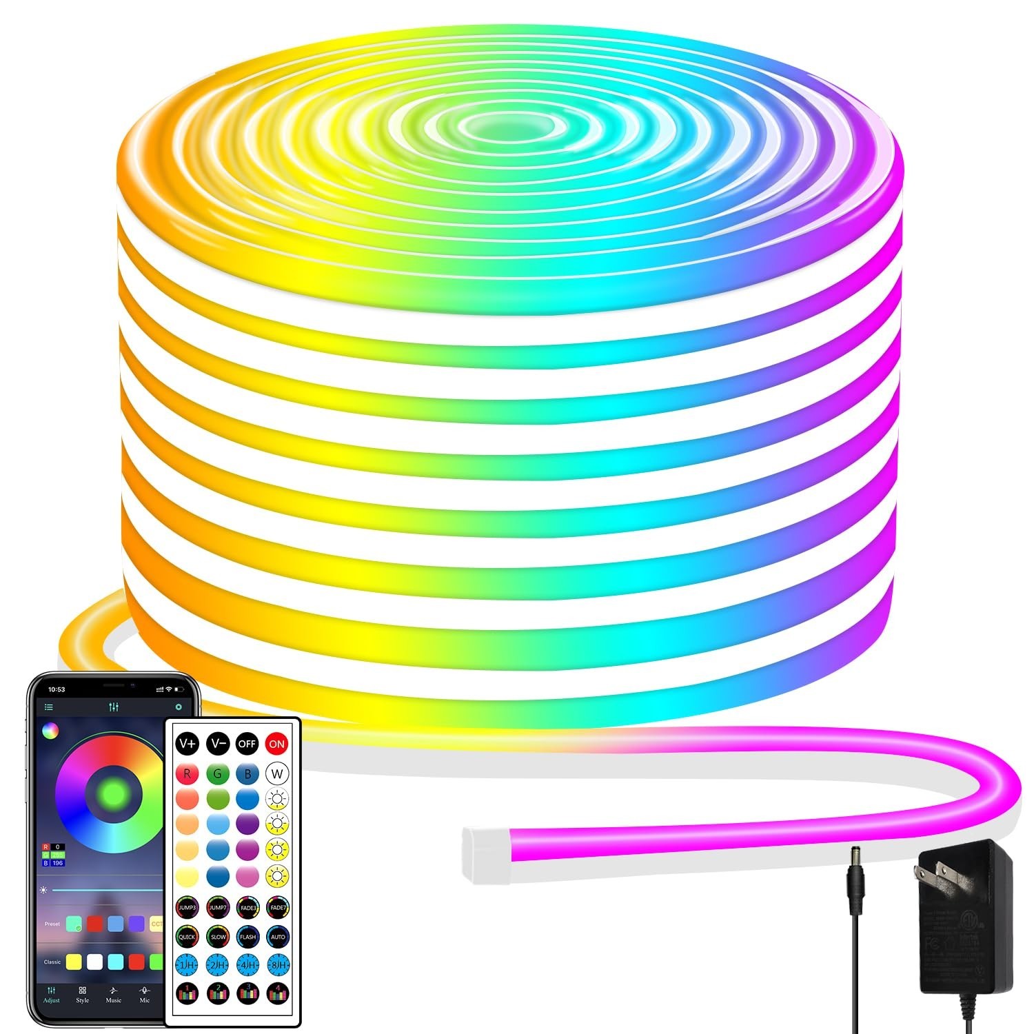 50ft Neon Rope Light, 24V RGB LED Strip Lights, Multi-Color, Music Sync, Dimm...