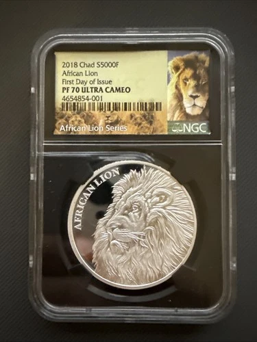2018 Chad 5000 Francs African Lion PF70 UC NGC First Day Issue Silver Coin