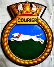 HMS Courier -Ship Crest Plaque Badge, Hand-Painted, Solid Mahogany Mount 1.083kg