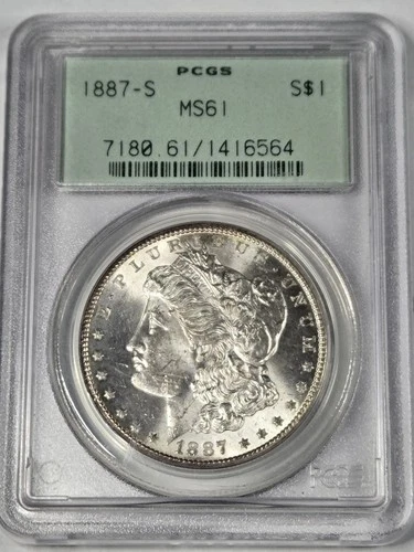 1887-S MORGAN U.S. SILVER DOLLAR PCGS MS61 OGH OLD GREEN HOLDER