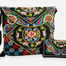 Embroidered Black and Multicolor Women's Bag Set