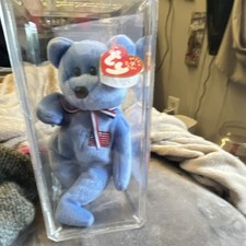 Ty Beanie Babies Blue Bear American Flag Patch 1999 in Display Case Ages 3-7