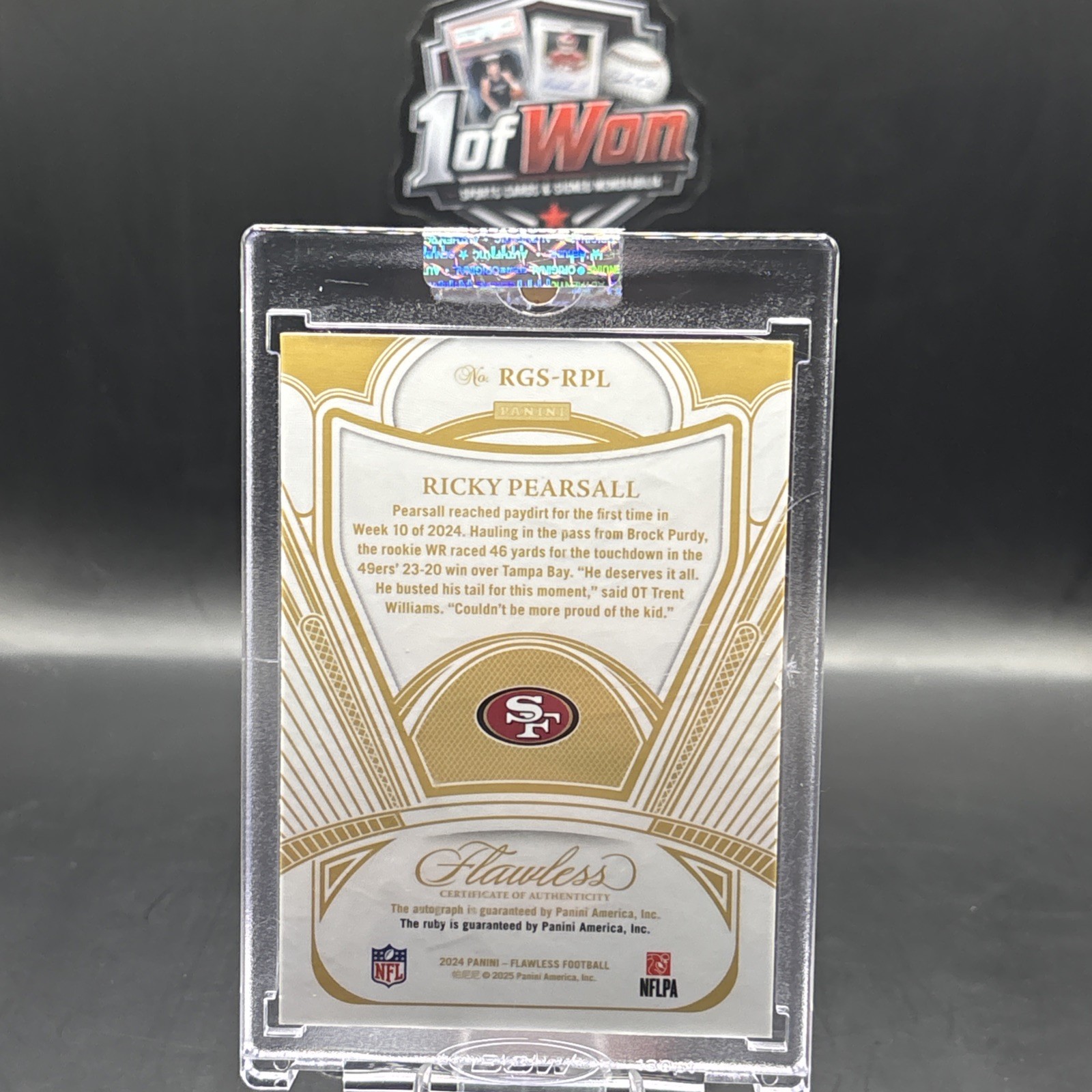 2025 FLAWLESS RICKY PEARSALL 2024 RC UPDATE AUTO RUBY RELIC AUTOGRAPH # 19/20 view 2