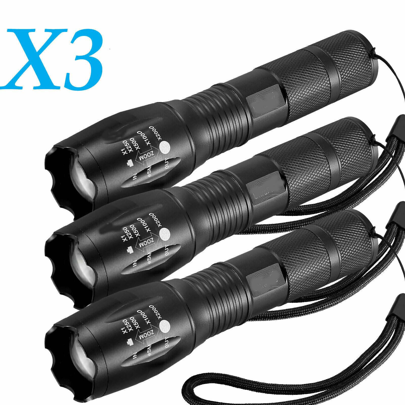 3 x Tactical 18650 Flashlight  High Powered 5Modes Zoomable Aluminum