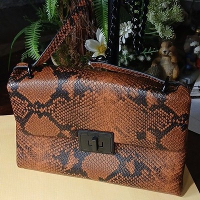 Nicole Miller Shoulder Bag Brown Black Snake Print Chain Turn Lock Designer