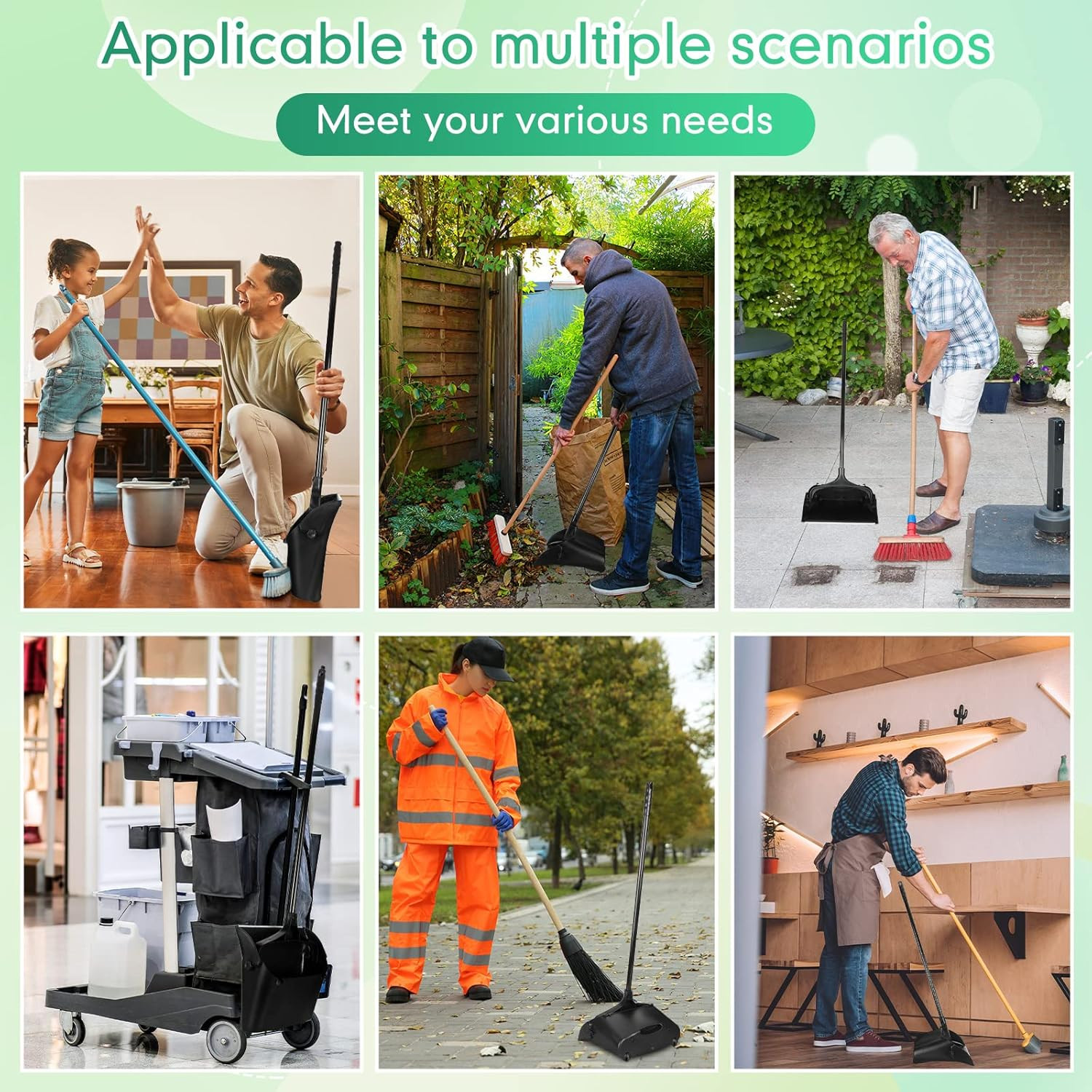 8 Pieces Commercial Lobby Dustpan Plastic Upright Dust Pan with Long Handle Meta